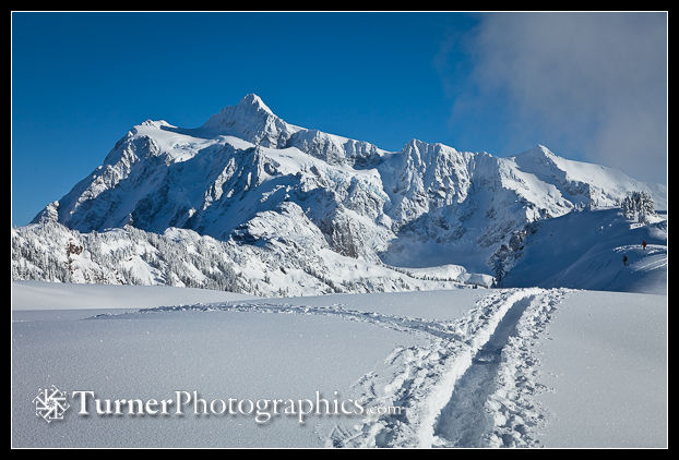 Snowshoe tracks lead to Mt. Shuksan